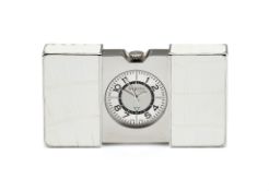 Asprey, a stainless steel and white leather travel alarm desk clock, circa 2006, quartz movement,