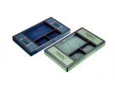 Asprey, a black and green lacquer vide poche, with two lift off covers and lined with green suede,