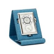 Asprey, a stainless steel and blue monogrammed leather alarm desk clock, circa 1999, two Swiss