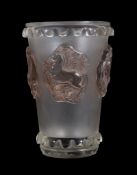 Lalique, Rene Lalique, Camargue, a clear frosted and brown stained vase, etched mark, 28.5cm high (