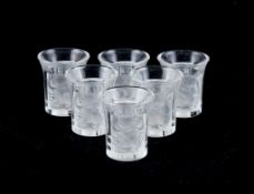 Lalique, Cristal Lalique, Enfants, a set of six clear and frosted liqueur or shot glasses, engraved