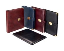 Asprey, five leather bound notepads, A4 size, some with built in calculators, each in an Asprey box