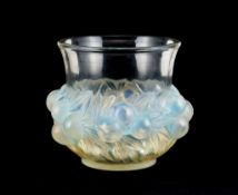 Lalique, Rene Lalique, Prunes, an opalescent and blue stained glass vase, stencil mark, 18cm high (