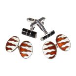 Asprey, a pair of silver and enamel double sided cufflinks, London 1995, the red and white