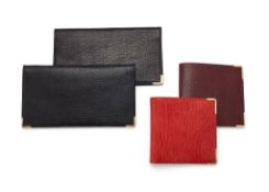 Asprey, a black leather wallet, the rectangular wallet with gold coloured caps to the corners,