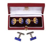 Asprey, a pair of silver and enamel double sided cufflinks, London 1994, the blue and yellow enamel