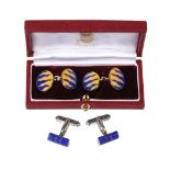 Asprey, a pair of silver and enamel double sided cufflinks, London 1994, the blue and yellow enamel