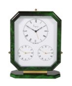 Asprey, a gilt metal and green lacquer triple time zone alarm desk clock, three quartz movements,