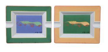 Rosenthal, a pair of ashtrays or vide-poches, printed with racing cars after Andy Warhol , 18cm x