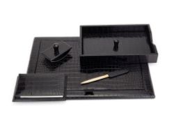 Ω Asprey, a black patent desk set, alligator skin, of a two part blotter, 59cm