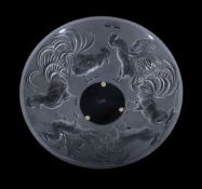 Lalique, Cristal Lalique, Coupe Coq, a frosted glass bowl, engraved mark, 30cm diameter, in a