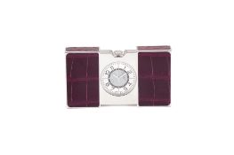 Asprey, a stainless steel and purple leather travel alarm desk clock, circa 2006, quartz movement,