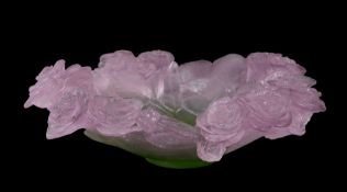 Daum, a pate de verre shaped circular bowl, modelled with pink roses and green leaves, engraved