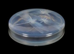 Lalique, Rene Lalique, Libellules, an opalescent glass circular box and cover, moulded mark,
