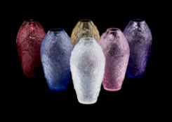 Lalique, Cristal Lalique, Violeta, six glass vases, in clear, blue, gold, violet, pink and red