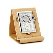 Asprey, a stainless steel and cream monogrammed leather alarm desk clock, circa 1999, two Swiss