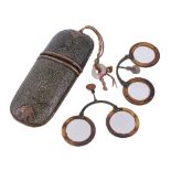 Two Chinese spectacles and a Chinese shagreen spectacles case, the folding spectacles in horn,