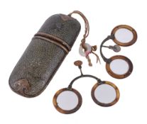 Two Chinese spectacles and a Chinese shagreen spectacles case, the folding spectacles in horn,