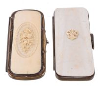 Ω Two ivory and gilt metal rounded rectangular spectacles cases, circa 1880, one applied with a