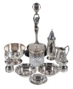 A collection of silver and silver mounted items, comprising: an Edwardian figural trophy by