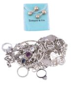 A small collection of silver coloured jewellery , to include bracelets; rings; and necklaces
