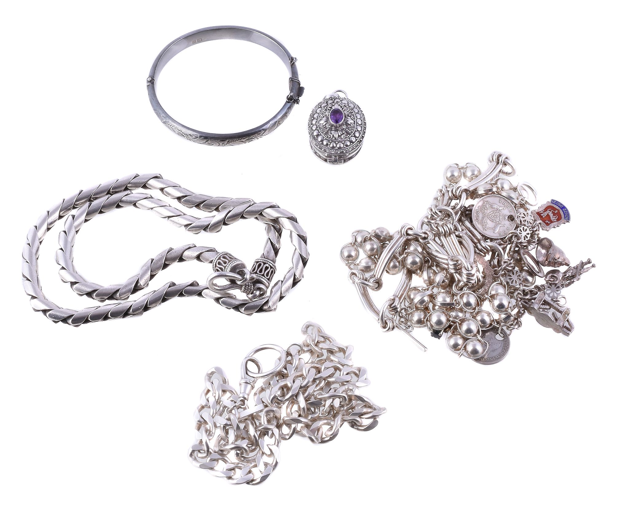 A small collection of silver coloured jewellery, to include a silver hinged bangle, hallmarked