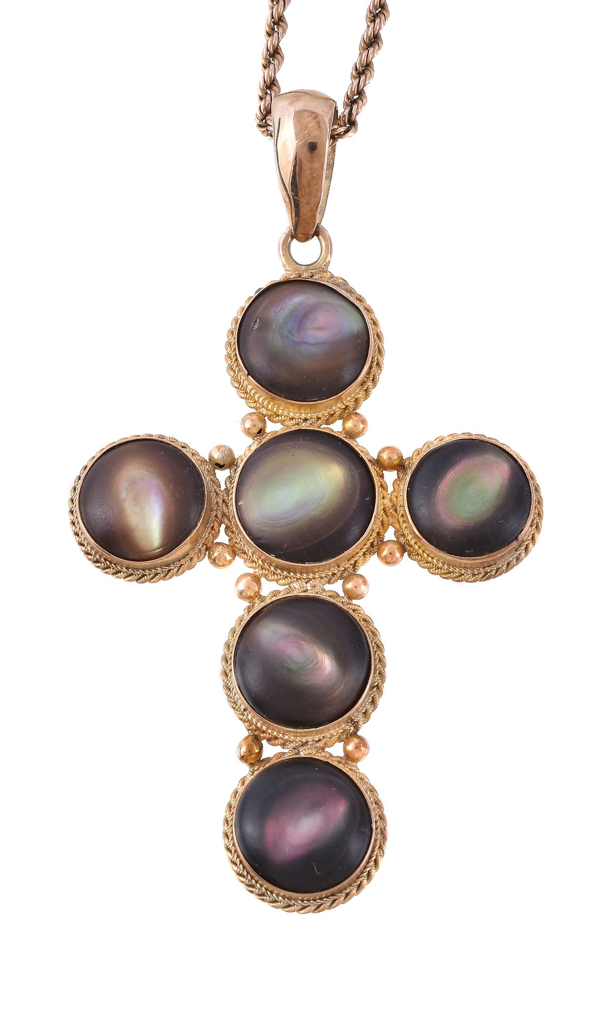 An early 20th century abalone shell cross pendant, circa 1900, the cross set with circular abalone