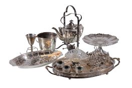 A collection of plated wares, including: a kettle on stand; a twin handled rounded rectangular