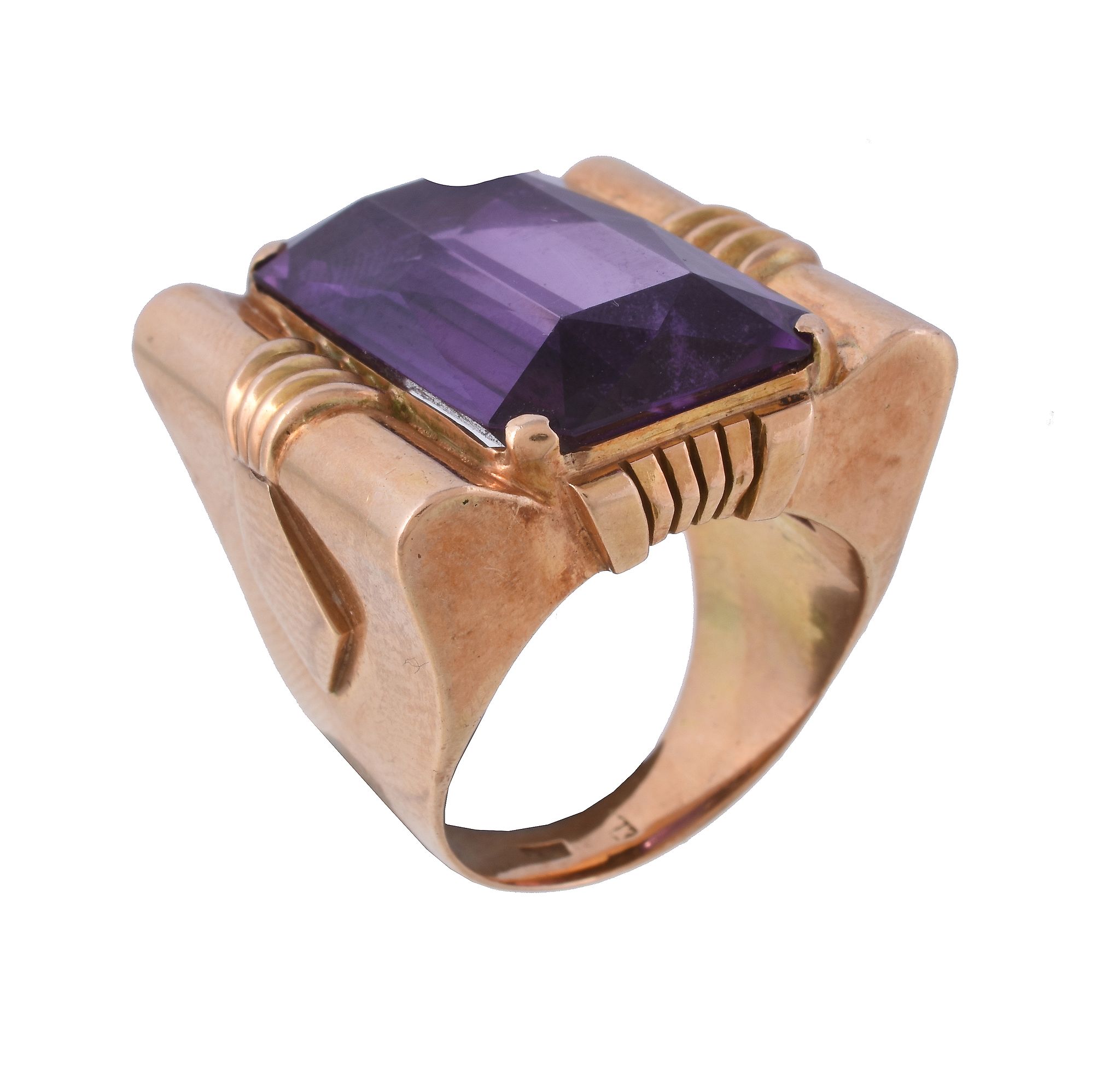 A 1950s synthetic colour change sapphire, the rectangular cut synthetic colour change sapphire