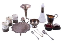 A collection of small silver, comprising: an Edwardian shaped circular waiter by Barker Brothers,