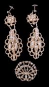 A pair of early Victorian seed pearl ear pendants, circa 1850, the pear shaped drops with lobed