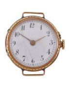 A French 18 carat gold keyless wind open face fob watch converted to a wristwatch, no. 79077,