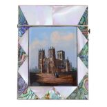 Ω A Victorian mother of pearl, abalone and gem-painted rectangular card case, inset with a panel