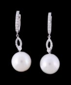 A pair of South Sea cultured pearl and diamond earrings, the 1.2cm South Sea cultured pearl