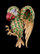 An enamel and gem set parrot brooch by Cantamessa Fratelli, the parrot with green enamel wings, a