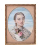 Ω Manner of Reginald Easton Portrait of a lady, wearing a lace trimmed dress, roses to her collar