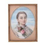 Ω Manner of Reginald Easton Portrait of a lady, wearing a lace trimmed dress, roses to her collar