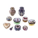 A collection of objects, including: two Staffordshire-type enamel boxes, Continental late 19th