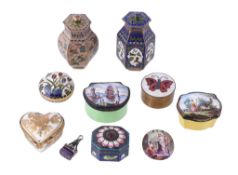 A collection of objects, including: two Staffordshire-type enamel boxes, Continental late 19th