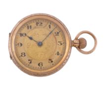 A 9 carat gold keyless wind open face fob watch, no. 21055, import mark for London 1913, lever