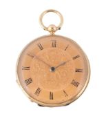 An 18 carat gold and enamel open face fob watch, no. 1514, Swiss cylinder movement, three armed