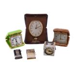 Ω A German white metal and mother of pearl alarm clock, alarm movement, cream dial, Arabic