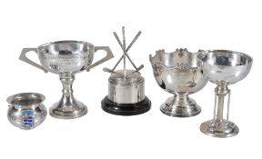[Golf] Five silver small trophies, comprising: a crossed golf clubs stand for a hole-in-one ball by
