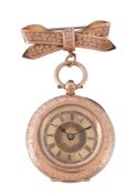 A 14 carat gold open face fob watch, no. 132044, Swiss 14 carat gold mark 1893 - 1934, cylinder