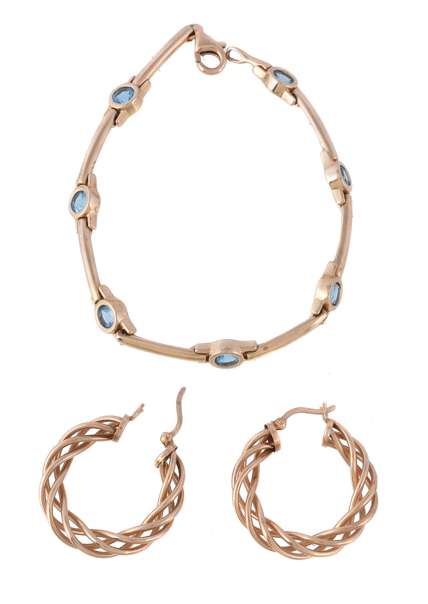 A pair of hooped earrings , stamped 375, 2.7cm long; a blue stone bracelet, the circular cut blue