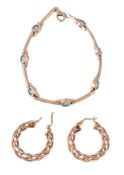 A pair of hooped earrings , stamped 375, 2.7cm long; a blue stone bracelet, the circular cut blue