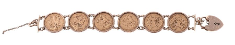 A sovereign bracelet, the six Victorian sovereigns in 9 carat gold settings, hallmarked London