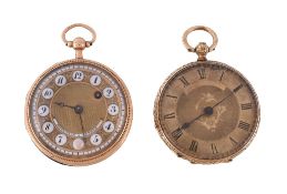 A gold open face fob watch, no. 17528, verge fusee movement, undersprung three armed balance, disc