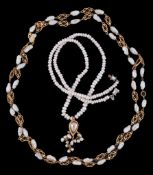 A freshwater pearl and pierced panel necklace, the two rows freshwater pearls with pierced gold