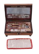 Ω A rectangular wood necessaire sewing box, the cover with a painted townscape panel, the cover